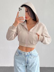 SHEIN PETITE 女款純色前拉鍊長袖口袋極簡連帽外套，休閒日常穿著，畢業季長袖上衣，秋冬返校穿搭，畢業季女裝，教師專業服飾，秋冬返校服飾 - 卡其色 - 查看 6
