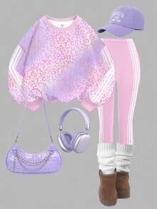 Shiny Rainbow Leopard Print, Tween Girl Casual Comfortable Soft Loose Pullover Sweatshirt & Loose Pants 2 Pieces Set, Suitable For Autumn Daily, Chic, Sports, Campus, Music Festival, Homecoming, Girly Style, Chill - White - View 2