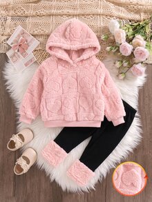 SHEIN 女嬰絨毛長袖連帽衛衣與長褲套裝 - 粉色 - 查看 2
