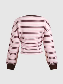 SHEIN 青少年女孩秋冬休閒時尚復古學院風彩色條紋印花收腰抓皺套頭運動衫 - 粉色 - 查看 4