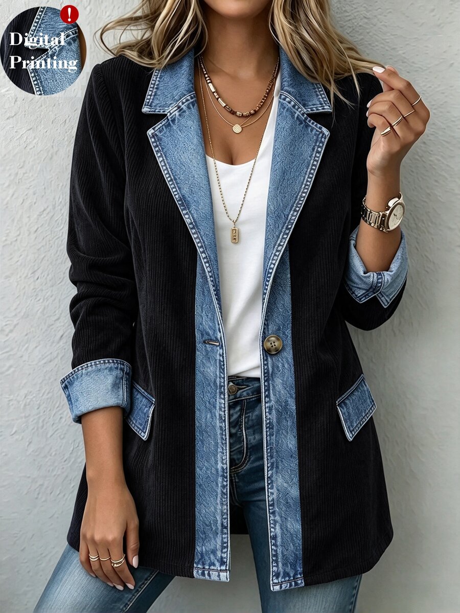Linhara CURVE Spring/Autumn Corduroy Patchwork Denim Contrast Color Personalized Commuter Casual Elegant Plus Size Blazer - Black - View 1