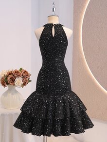 Tween Girl Glitter Print Ruffle Hem Halter Neck Fashion Dress - Black - View 3