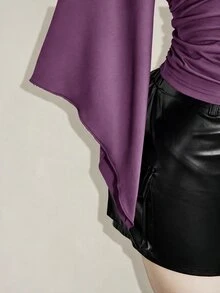 SHEIN ICON 女款大尺碼復古鄉村哥德風性感Y2K休閒優雅約會之夜夜店演唱會電音派對雞尾酒會深V領荷葉邊黑色T恤秋季 - 紫色 - 查看 6