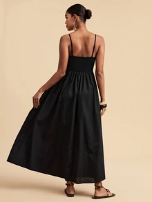 Travachic Elegant Embroidered Fashion Pleated Spaghetti Strap Dress - Black - View 2