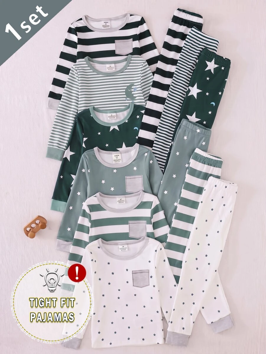 Autumn/Winter Young Boy Pajama Set, Cute Striped Moon Print Grey Soft Comfortable Snug Fit Long Sleeve Top And Long Pants - Blue and White - View 1