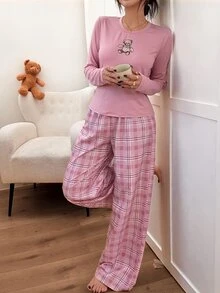 Napfluff Soft Pink Round Neck Top With Bear Print Long Sleeve + Loose Plaid Wide Leg Pants Casual Pajama Set, Can Be Worn Outdoors - Dusty Pink - View 3
