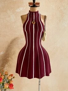 Soleia Women's Colorblock Casual Daily Knit Halter Neck Dress - Multicolor - View 3