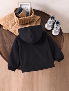 SHEIN 1件青少年休閒極簡拼接口袋連帽外套，寬鬆舒適外衣，適合春/秋日常穿著、旅行、派對及秋冬攝影，適用於日常、校園等場合 - 黑色 - 查看 2