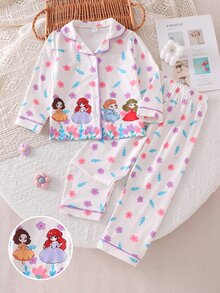 SHEIN 2件組女童幼兒舒適柔軟保暖可愛公主風彩色花卉圖案粉色阻燃開襟翻領長袖褲子睡衣套裝 - 白色 - 查看 5