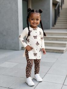 Bubblio Baby Girl Sporty Casual Knitted Bear Print Long Sleeve Top And Geometric Pattern Leggings Set - Multicolor - View 4