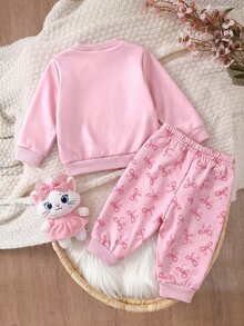 SHEIN 2pcs Newborn Girl Cute Pink Knitted Cartoon Pattern Sweatshirt And Elastic Waist Long Pants Set - Pink - View 2