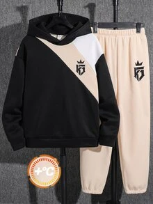 SHEIN Bộ 2 món áo nỉ và quần dài phối màu cho bé trai tuổi teen, phong cách thường ngày, thoải mái, thời trang, đa năng, chất vải mềm, phù hợp mặc hằng ngày và đi học - Nhiều màu - Xem 5