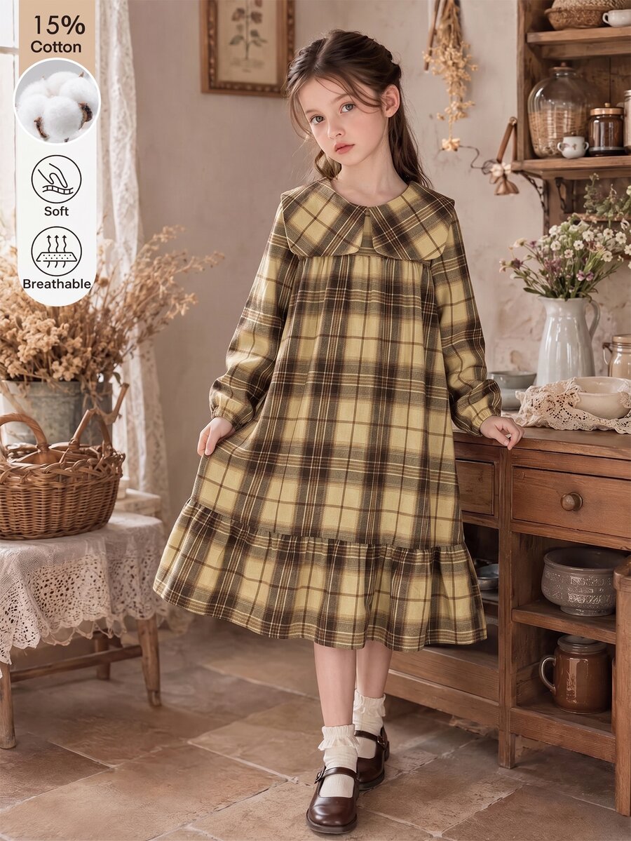 Vintaside Kids 女童秋冬格紋長袖洋裝 法式復古彼得潘領 寬鬆荷葉邊下擺 日常休閒校園洋裝 - 彩色 - 查看 1