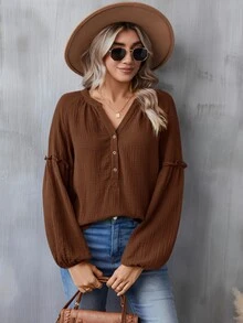SHEIN LUNE Notched Neckline Lantern Sleeve Blouse,Casual - Brown - View 6