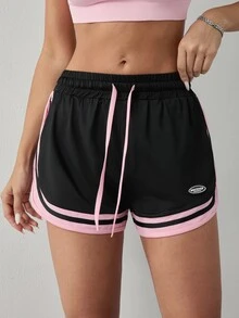 SHEIN Dewbera Women's Casual Sports Shorts, Colorblock Trim Drawstring Elastic Waist, Side Slit Loose Fit For Casual Running And Daily Fitness - Multicolor - View 3