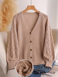 EMERY ROSE Plus Size Women's Solid Color Casual Versatile Daily Outing Cardigan Fall Winter 2026 Khaki Cardigan Casual Autumn And Winter Sweater - Brown - View 1