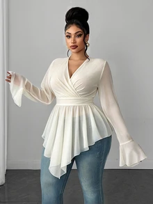Maweii Plus Size V-Neck Criss-Cross Chiffon Blouse With Flared Long Sleeves, Elastic Waist And Asymmetrical Ruffle Hem, Flattering Shirt - Beige - View 5