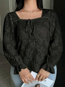 Dazy Plus Bowknot Decor Lace Puff Short Sleeve Elegant Versatile Spring Summer Apricot T-Shirt Fall - Black - View 5