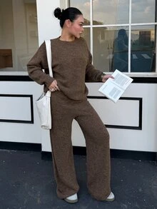 DAZY Women's Solid Color Long Sleeve Top And Pants Knit 2 Pieces Set - Brown - View 6