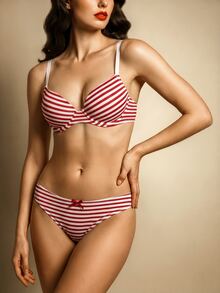 Allurica 1pc Women's Bow Decor Striped Thong - Red and White - View 6