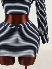Mistrie Women's Striped Zipper Front Cropped Hoodie, Cropped Halter Top And Skirt Set - Multicolor - View 10