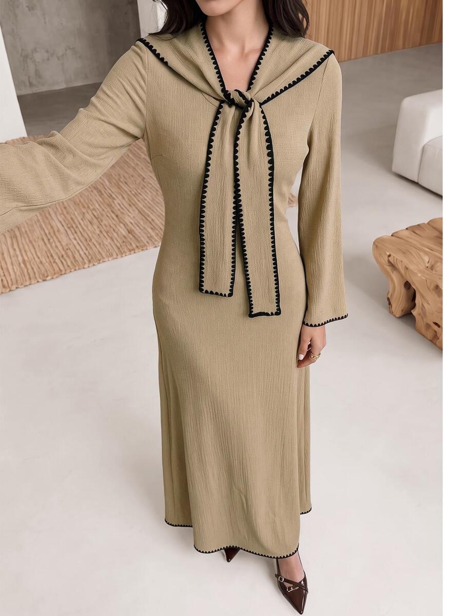Rue Lumi Gaun Rajut Lengan Panjang dengan Simpul Depan untuk Wanita - Khaki - View 1