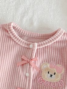 秋冬新生兒保暖內裡加厚絨毛可愛熊刺繡柔軟舒適粉色條紋長袖連身連腳家居服 - 粉色 - 查看 5
