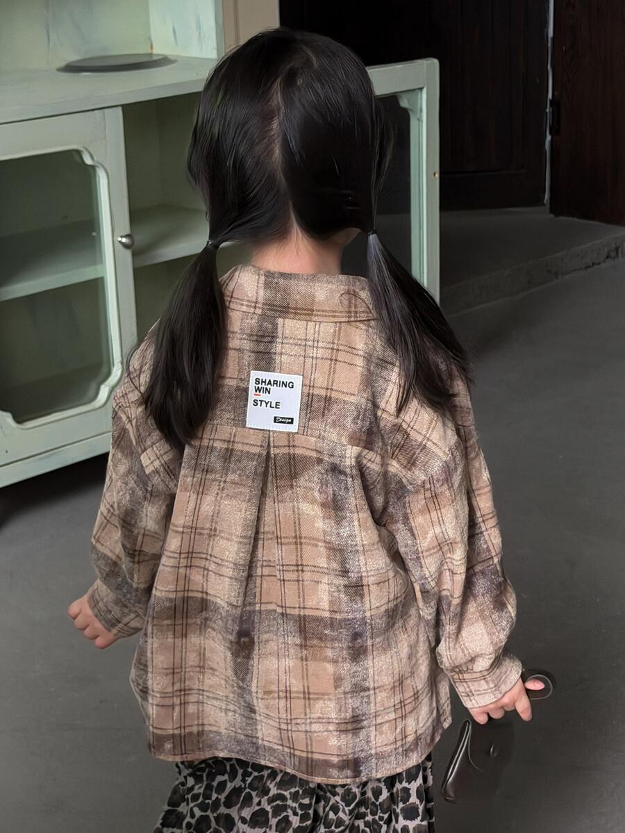 Dazy Kids 女童格紋休閒百搭日常穿著襯衫 秋季 - 卡其色 - 查看 1