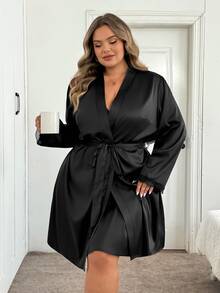 SHEIN CURVE+ Women's Plus Size Lace Camisole Dress With Satin Long Sleeve Jacket 2 Pieces Set - Black - View 4