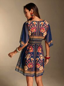 SHEIN Swim 女款花卉印花V領休閒度假罩衫洋裝 - 彩色 - 查看 6