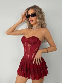 SHEIN ICON 黑色蕾絲拼接抹胸式束胸多層蛋糕迷你洋裝，夏季女款洋裝 - 酒紅色 - 查看 5