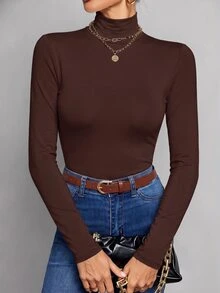 SHEIN Tall 簡約純色修身高領黑色上衣，適合秋冬，高個女性穿著 - 摩卡棕 - 查看 1