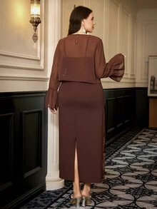 SHEIN Clasi Plus Size Embroidered Cami Dress With Mesh Top 2pcs Set Party Formal Cocktail Brown Elegant - Brown - View 2