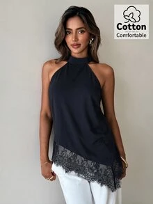 Aloruh Women's Lace Patchwork Asymmetrical Hem Top - Navy Blue - View 5