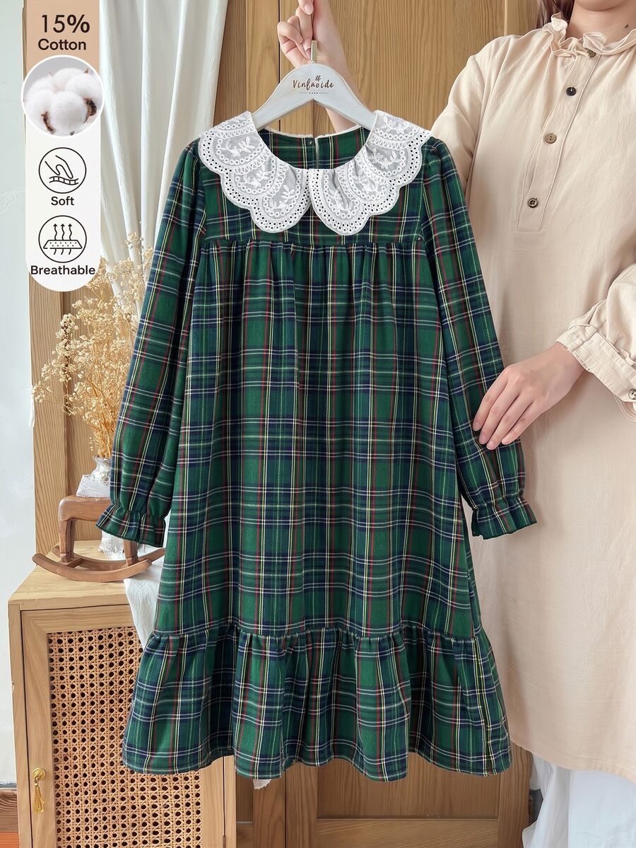 女童青少年秋季寬鬆長袖格紋荷葉邊娃娃洋裝，復古校服風優雅刺繡波浪蕾絲領休閒可愛罩衫裙，學校綠 - 彩色 - 查看 1