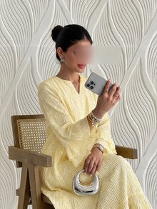 SHEIN Najma 女款菱形領紋理波點布料荷葉邊袖口七分袖大裙擺阿拉伯風洋裝 - 黃色 - 查看 5
