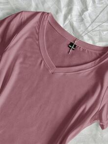 SHEIN EZwear 3件組女款夏季V領修身T恤，龐克次文化動漫風素色基礎V領短袖修身T恤 - 彩色 - 查看 6