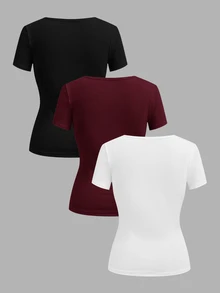 SHEIN EZwear 女款素色V領短袖休閒T恤（3件組） - 彩色 - 查看 3
