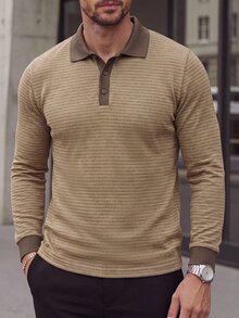 Manfinity Bizformal 26 春夏必備！男士咖啡色紋理長袖 Polo 衫，復古休閒與輕商務風 - 棕色 - 查看 4