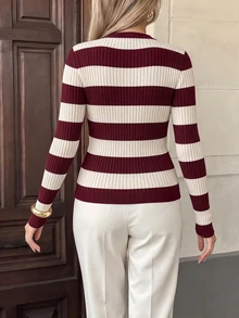 SHEIN PariChic 法式復古風修身圓領長袖針織亨利領鈕扣對比條紋多色女款秋季毛衣，2026秋冬 - 酒紅色 - 查看 3