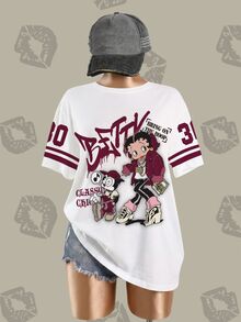 Betty Boop x SHEIN Plus Size Women's Letter Cartoon Print Round Neck Short Sleeve Casual T-Shirt - White - View 3