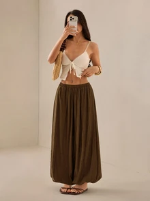 SHEIN PETITE 2026女款春夏度假系列：優雅橄欖綠寬鬆喇叭褲，適合嬌小女性 - 咖啡棕 - 查看 7