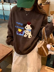 DAZY 女款圓領卡通長袖運動衫，甜美風秋季連帽衛衣，抓絨內裡 - 咖啡棕 - 查看 4