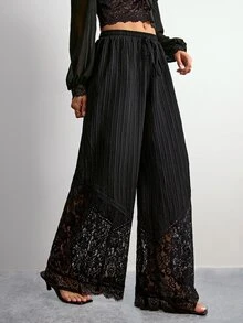 Willow Rêve Women's Black Lace Hem Loose Long Pants - Black - View 1