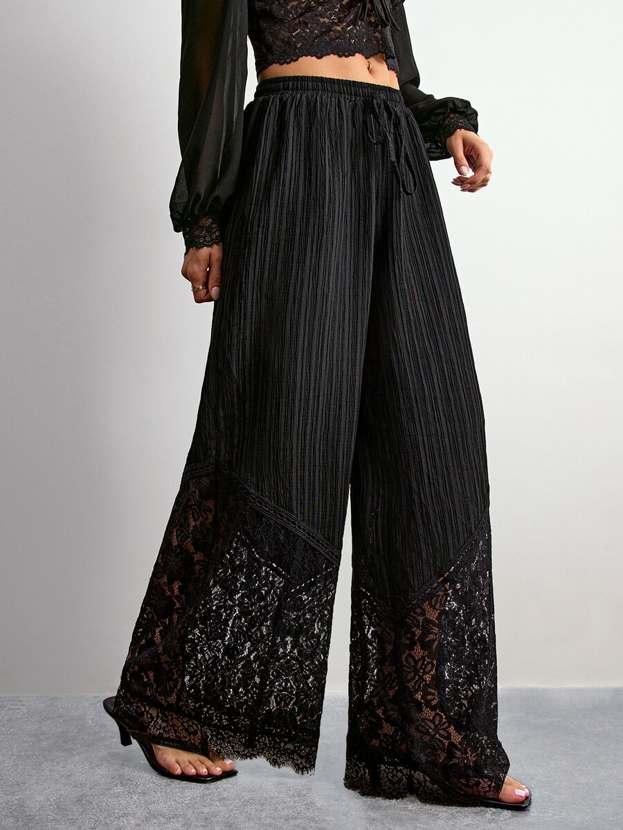 Willow Rêve Women's Black Lace Hem Loose Long Pants - Black - View 1