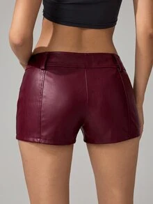 SHEIN Tall 女款性感拉鍊PU材質時尚短褲 - 酒紅色 - 查看 2