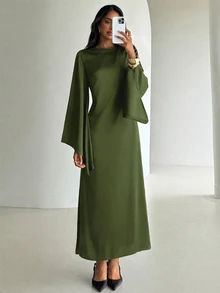 Aloruh 女款優雅棕色緞面派對晚宴禮服，秋季長袖露肩綁腰抓褶不對稱度假用餐洋裝，適用各種場合，AI-Adha - 軍綠色 - 查看 6