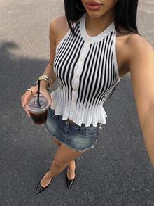 SHEIN ICON Black And White Striped Backless Halter Knit Tank Top - Black and White - View 4
