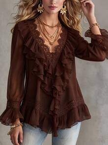 LUMIGAL Women's Spring/Autumn V-Neck Patchwork Lace Ruffle Ruched Pure White Long Sleeve Top, Suitable For Exquisite Elegant, Fashion Casual, Luxury Versatile - Brown - View 4