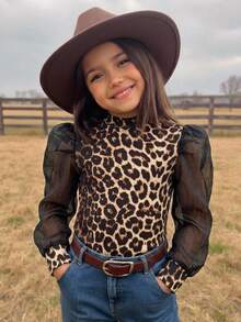 Young Girl Leopard Print Mesh Patchwork Casual Daily T-Shirt - Black - View 1